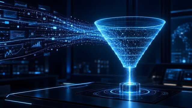 Glowing digital funnel filtering complex data streams on a futuristic dashboard representing information processing and business analytics