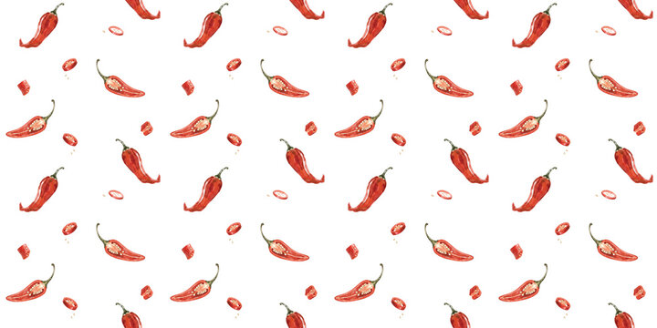 Seamless pattern with watercolor red chili peppers and sliced pieces on black background, exotic spicy food vector design