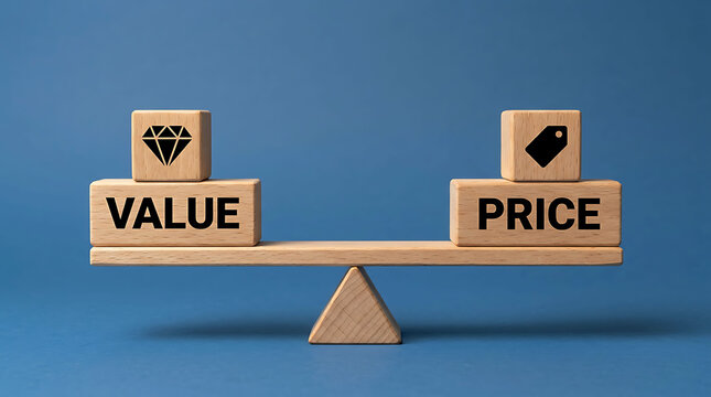 Wooden balance scale comparing value and price with icons against blue background