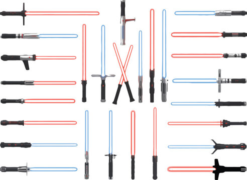 Red and blue lightsaber collection, sci-fi laser swords for fantasy space themes, futuristic glowing energy weapons, gaming symbols, vector illustration design concept.