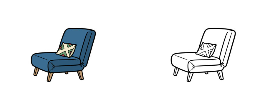 Armchair sleeper vector illustration in blue flat color and black line art style with decorative pillow on plain white background for interior furniture design
