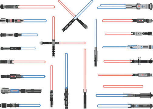 Red and blue lightsaber collection, sci-fi laser swords for fantasy space themes, futuristic glowing energy weapons, gaming symbols, vector illustration design concept.