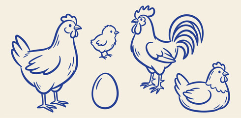 Obraz premium hand drawn blue outline vector set of chickens roosters chicks and eggs on beige background