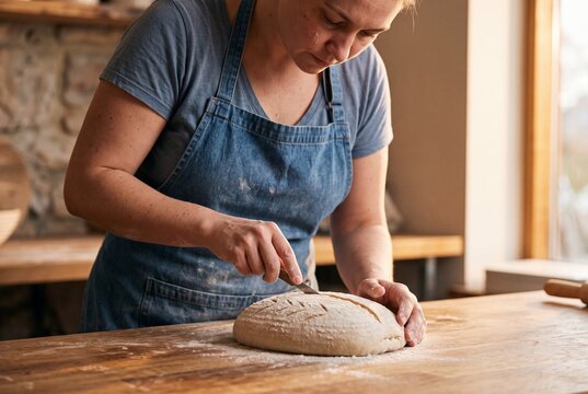 Female artisan baker scoring raw sourdough bread dough with a knife on a wooden table in a rustic bakery kitchen