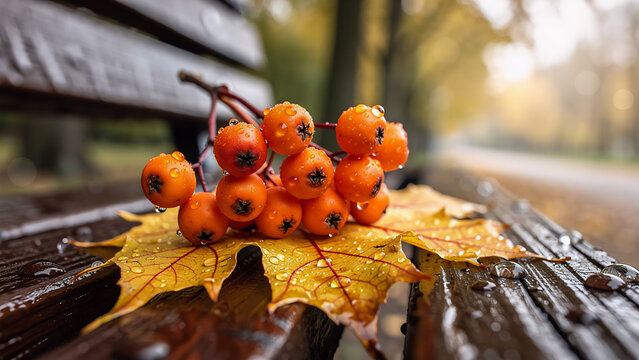 Bright orange rowan berries covered with raindrops lying on wet yellow maple leaves in an autumn park