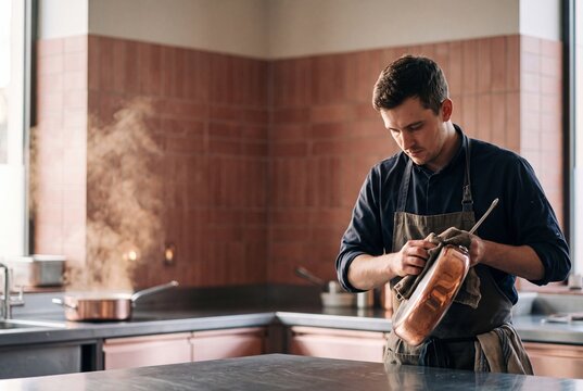 Professional male chef wiping and polishing a copper frying pan in a modern restaurant kitchen
