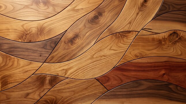 Abstract decorative wooden wall panels with curved shapes and natural grain texture
