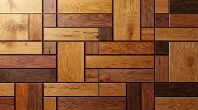 Decorative wooden wall panel background with multicolored rectangular hardwood planks arranged in a geometric pattern