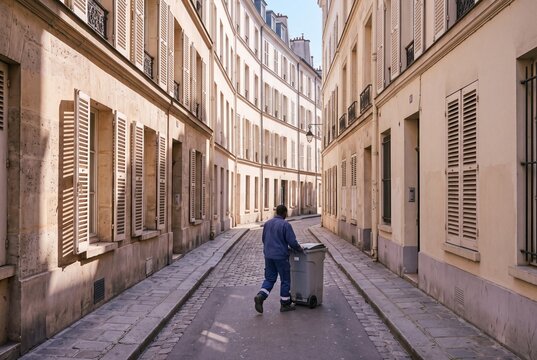 Sanitation worker pushing a mobile trash bin down a narrow historic cobblestone street in Paris, France