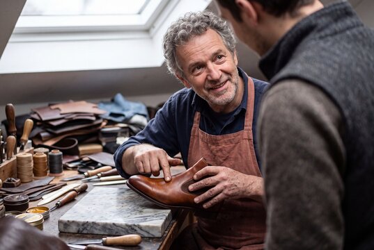 Experienced shoemaker smiling while demonstrating handmade leather boot craftsmanship to an apprentice in his workshop
