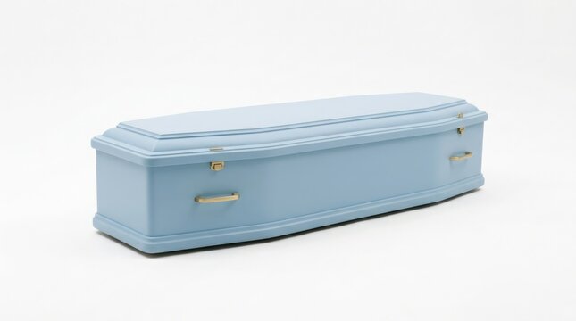 A pale blue coffin resting on a white surface evoking thoughts of mortality and finality in a somber setting