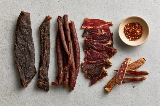 Traditional South African Biltong and Wors Flat Lay on Grey Background with Copy Space
