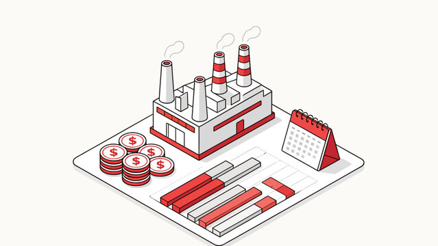 Isometric illustration of a modern factory plant with smokestacks, dollar coins, calendar, and bar charts on