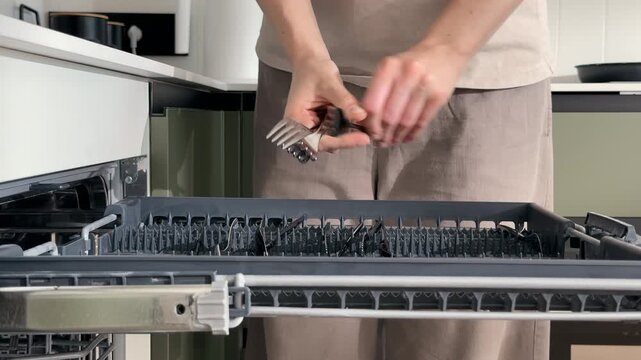 Woman opening dishwasher upper tray to take out clean cutlery in a kitchen. Female hands removing washed forks, knives and spoons from the silverware basket rack. Smart household appliance