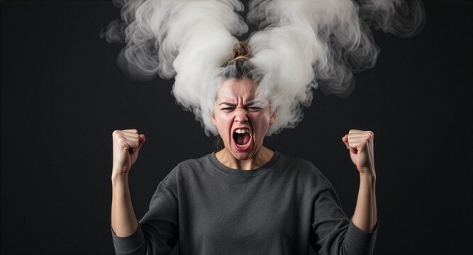 A dynamic realistic illustration of an angry woman screaming in rage with raised clenched fists, featuring massive clouds of white smoke bursting out from her head against a dark background.