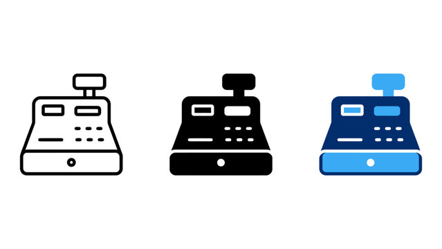 Set of cash register icons in outline, solid, and colored styles