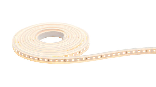 LED light strip with flexible glowing ribbon, evenly spaced light diodes, partially rolled coil form, and clean modern accent-lighting design. Photorealistic, front 3/4 view, horizontal orientation,