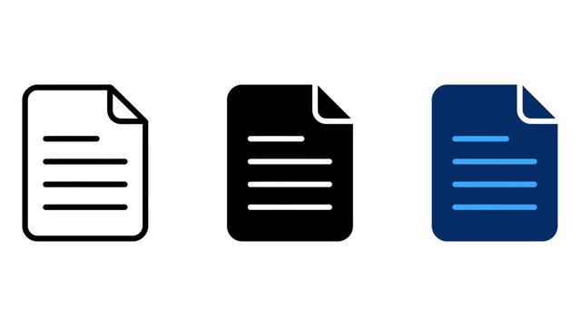 Set of document icons with text lines, representing file, report, or written content, vector illustration