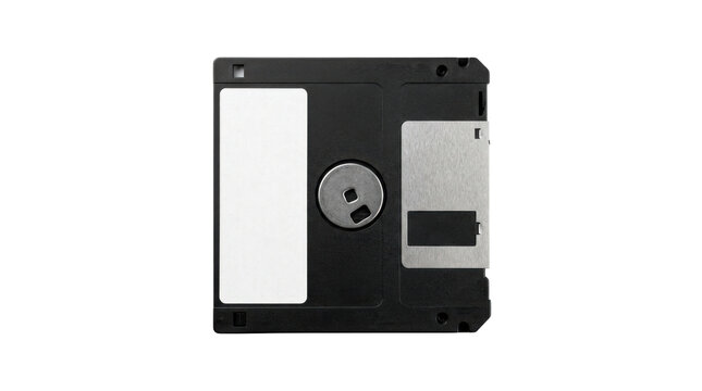 Classic black 3.5-inch floppy disk with a sliding silver metal shutter and a blank white paper label. Photorealistic, top view, square orientation, ultra-high-resolution 8K, on a pure white background