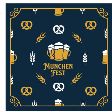 Munchen Fest Beer Festival Vintage Poster Vector Illustration with Beer Mugs, Pretzels, Wheat, and Ornamental Frame