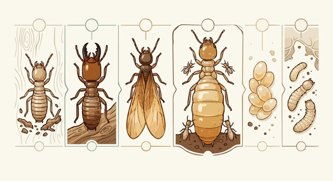 Termite life cycle and caste system vector illustration