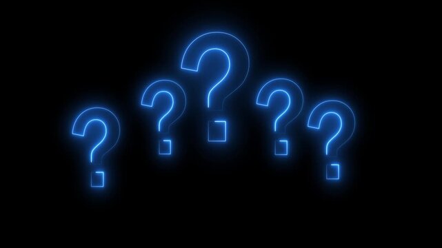 neon blue five question marks loop animation icon on black screen background, animated faq quiz problem solving motion graphic element