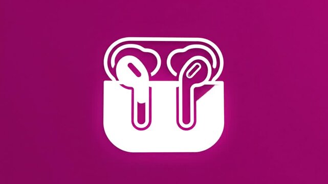 Minimalist White Outline Animation of Wireless Earbuds and Charging Case on Pink Background