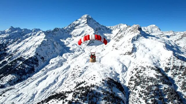 Gifts dropping from a red and white parachute over snow-covered mountain range on a clear sunny day