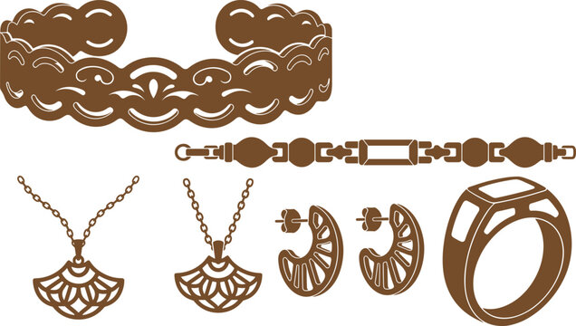Brown Ornate Filigree Jewelry Vector Collection Featuring Lace Cuff Bracelet, Fan Pendant Necklaces, Crescent Hoop Earrings, Beaded Link Chain, and Signet Ring
