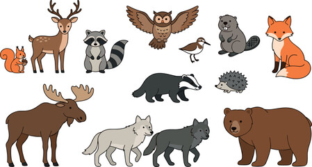 Obraz premium Woodland Wildlife Animals Vector Collection with Bear, Wolves, Moose, Fox, Owl, and Deer for Nature Conservation Posters and Forest Habitat Illustrations