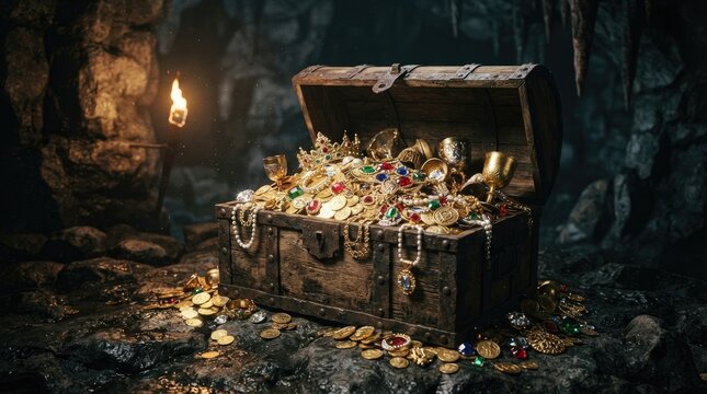 A weathered wooden chest overflows with gold coins and glittering jewels within a dark, cavernous space.