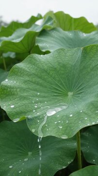 Rain drops beading on lotus leaves macro