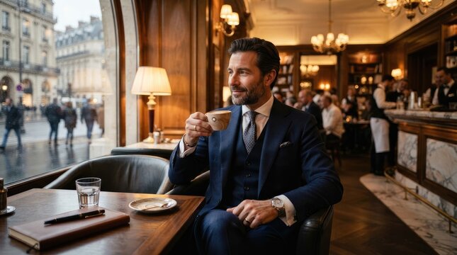 A distinguished man sips coffee in a luxurious Parisian cafe. He is dressed in a dark blue suit, a white shirt, and a patterned tie.