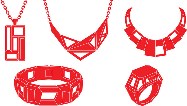 Red Architectural Geometric Jewelry Vector Collection Featuring Rectangular Grid Pendant Necklace, Triangular Collar, Segmented Choker, Cutout Bangle Bracelet