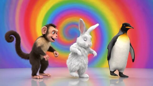 Monkey and rabbit penguin dance in colorful background with motion and fun