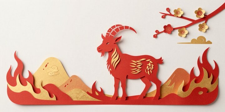 Red Capricorn Goat in Traditional Asian Paper Art Style