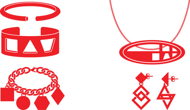 Red Geometric Jewelry Vector Collection Featuring Open Bangle, Geometric Cutout Cuff, Charm Bracelet, Oval Cutout Pendant Necklace, and Geometric Drop Earrings