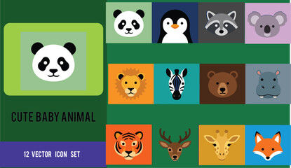 Obraz premium Set of cute baby animal face icons, vector illustration of various wild animals including panda, lion, zebra, tiger, giraffe, and fox for children design