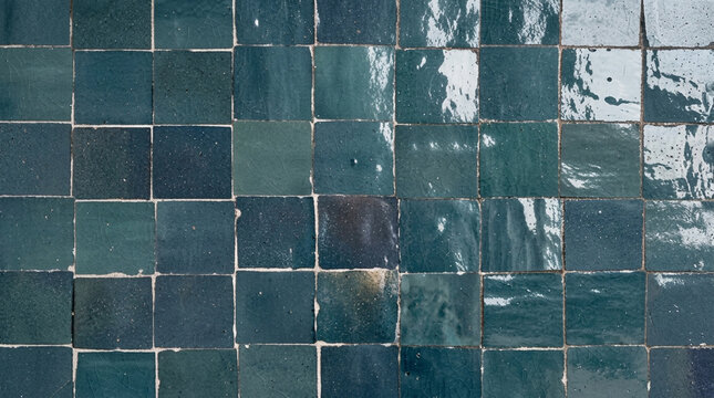 Moroccan Zellige Tile texture with handmade square ceramic squares, glossy glazed finish, organic uneven surfaces, and deep emerald green and dark turquoise tones, ideal for luxury 3D interior