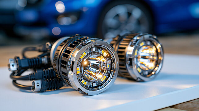 Modern LED car headlight bulbs displayed on a matte white background, sleek automotive lighting components with metallic heat sinks and precise connectors, vehicle maintenance and energy efficient t