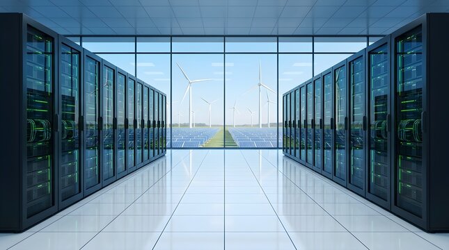 Modern server room interior with rows of server racks overlooking a solar and wind energy farm