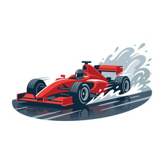 Fototapeta premium Red Formula One Racing Car Driving Fast on Wet Track During Rain