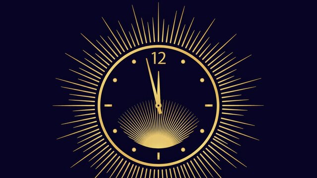 Gold clock face with sunburst rays on a dark blue background