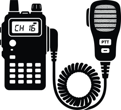 Two way radio transceiver silhouette icon set with speaker microphone coiled cable for emergency marine communication broadcasting