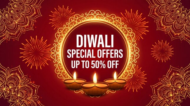 Diwali festival sale offer discount banner design. Diwali special offers 50% off text with golden luxury floral and candle on red background.