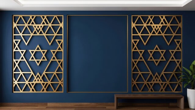 Dark blue wall with gold geometric star of david panels and empty frame