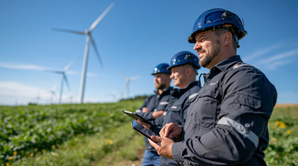 Fototapeta premium Rear view of a confident group of European renewable energy engineers conducting a turbine inspection, standing in a row with safety helmets and technical tablets while planning maintenance work, ex