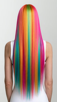 Woman's back with long, straight rainbow-colored hair showing vibrant vertical stripes, expressing individuality, creativity, pride, diversity, and unique personal style