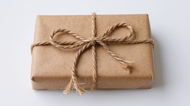 The Gift Box Wrapped in Brown Kraft Paper with Rustic Twine