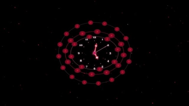 Red Glowing Clockface Animation Featuring Concentric Circles and Moving Digital Particles Backdrop